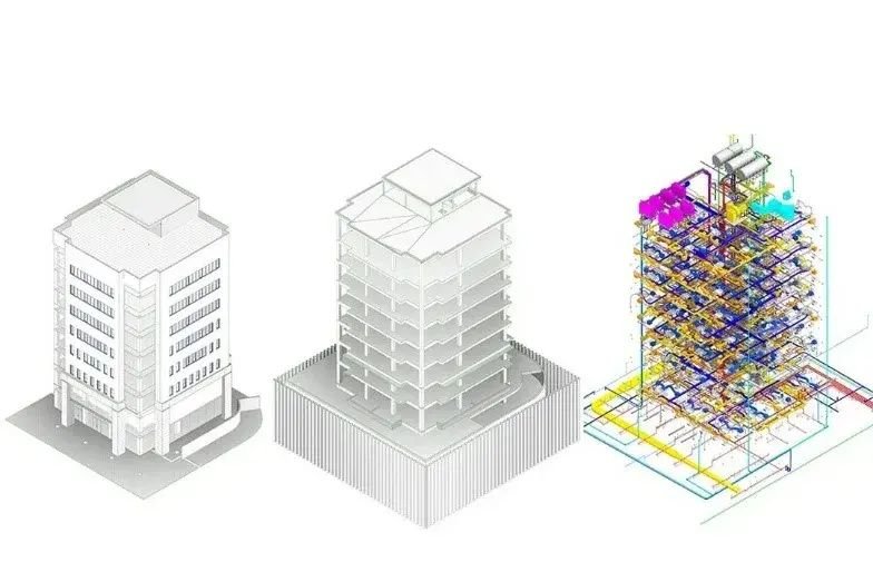 Tower model shown as massing, structure and coordinated MEP side by side