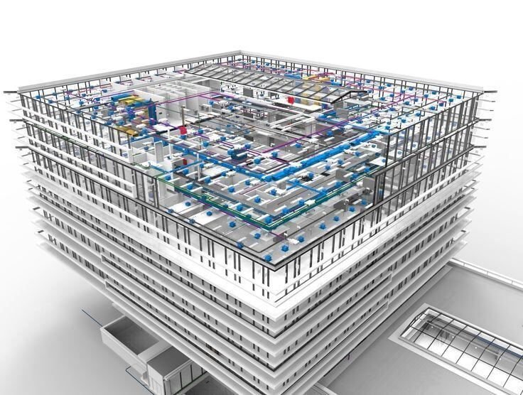 Office building model with the ceiling services layout on the top floor