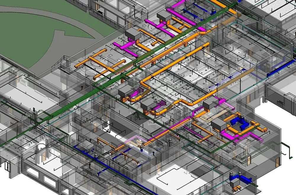 MEP routes modeled across a basement level