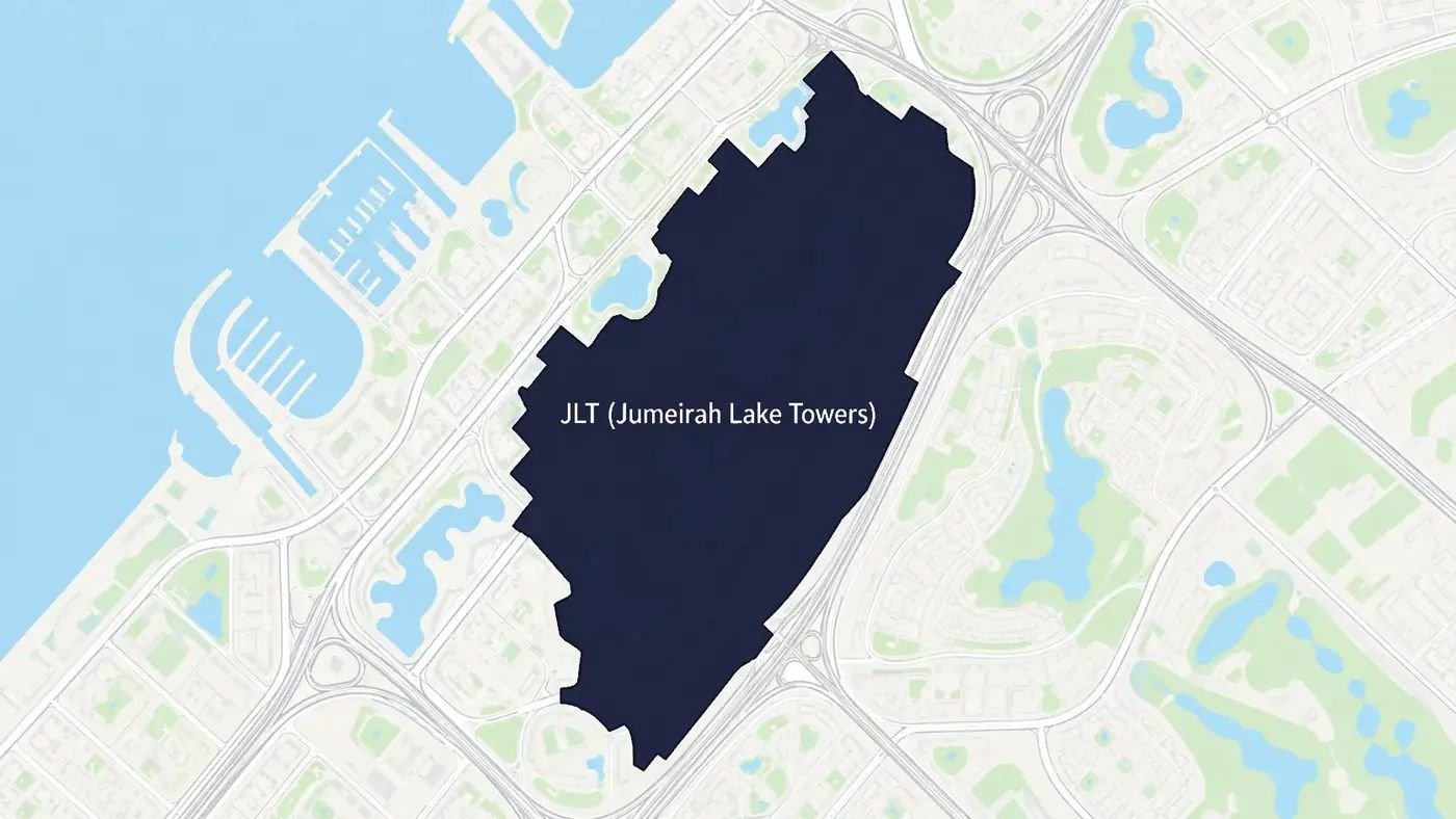 Map of Jumeirah Lake Towers (JLT) with the district shaded