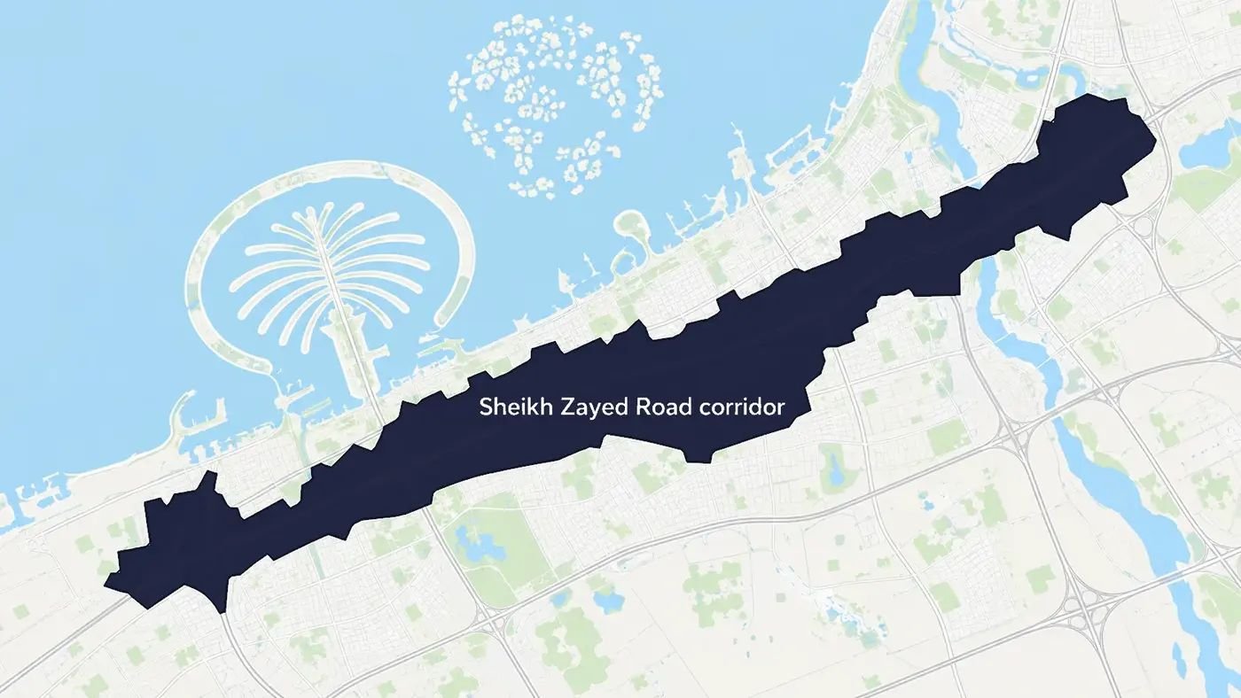 Map of the Sheikh Zayed Road corridor with the district shaded
